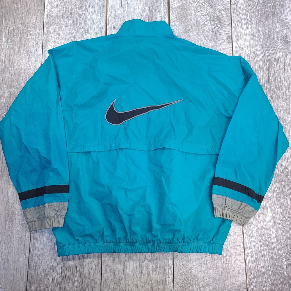 Nike Windbreaker Jacket Women Medium Teal Blue Big Swoosh Full Zip Retro